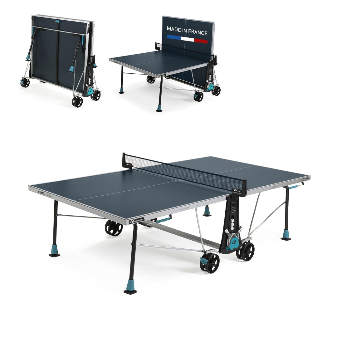 300X Outdoor Table Tennis Table - 5mm Weatherproof Surface, Anti-Glare Coating, Compact Folding Design, Storage for Paddles & Balls - Blue or Grey