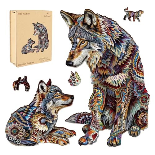 Rompecabezas de madera Ruikiyart para adultos: set con diseño de familia de lobos, 200 piezas, forma única, incluye caja de regalo (28,4 x 28,7 cm) miniatura 1