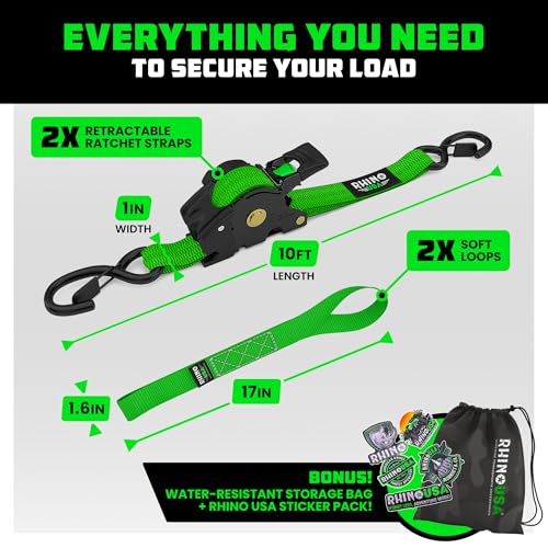 Image of Rhino USA Retractable Ratchet Straps (2-Pack) - 1 Inch x 10 Feet (1,209lb Break Strength) - Auto Self Retracting Tie Down Straps for Truck, Cargo Trailer, Motorcycle, ATV, UTV - Green