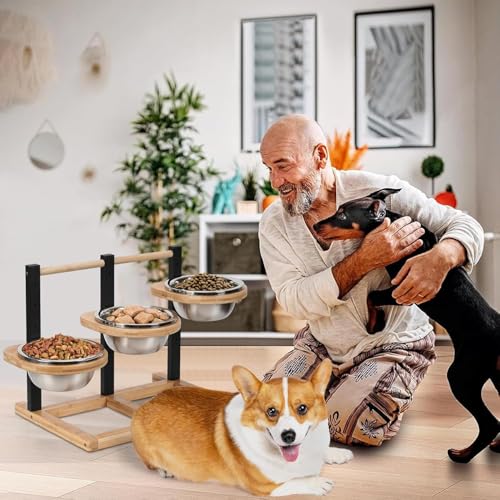 Optyuwah Hundenapf Erhöht für Hunde,5 Höhenverstellbar Hundenapf mit 3X1400ml Edelstahlnäpfen und Holz Erhöhte Hundenäpfe Hundenapfständer Futternapf Futterstation mittel große Hunde Fressnapf