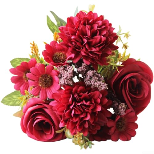 AugustknowU Ramo de flores de seda de 7 tallos de rosas persas para boda, decoración del hogar, fotografía, manualidades (rojo vino)