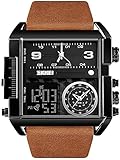 SKMEI メンズ デジタル スポーツウォッチ LED スクエア ラージ フェイス アナログ クォーツ 腕時計 マルチタイムゾーン 防水 ストップウォッチ ブラック ブラウン, ブラックブラウン, クォーツ時計、デジタル。