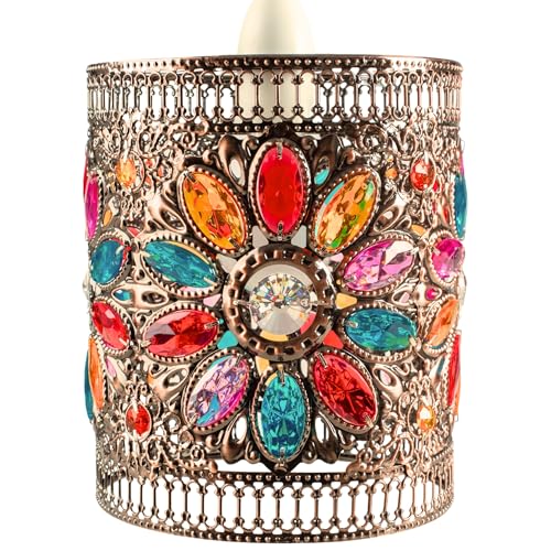 Loxton Lighting Moroccan Style Jewel Drum in Amber, Blue, Red and Yellow on a Copper Frame - Beautiful Lampshade Pendant for bedrooms, Living Rooms, hallways, Any Room