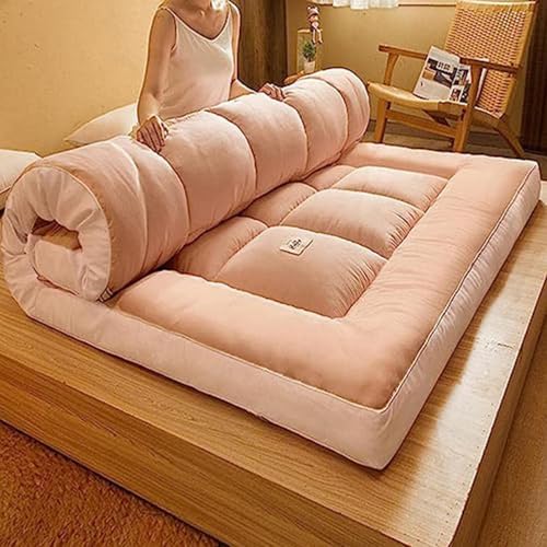 Matelas futon japonais épais, extra moelleux, tapis de couchage pliable, doux, respirant et enroulable pour salon, dortoir, canapé, camping (rose, 180 x 200 cm)