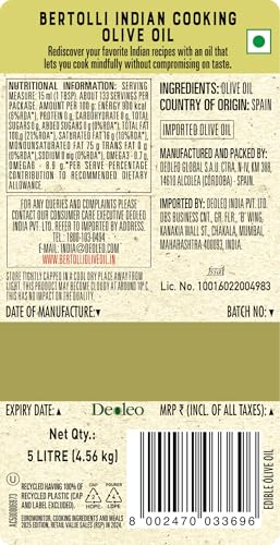 Image of Bertolli Indian Cooking Olive Oil 5L | 75% MUFA | Extra Light Taste, Suitable for High Heat Cooking, Frying & Roasting | World's No. 1 Olive Oil Brand