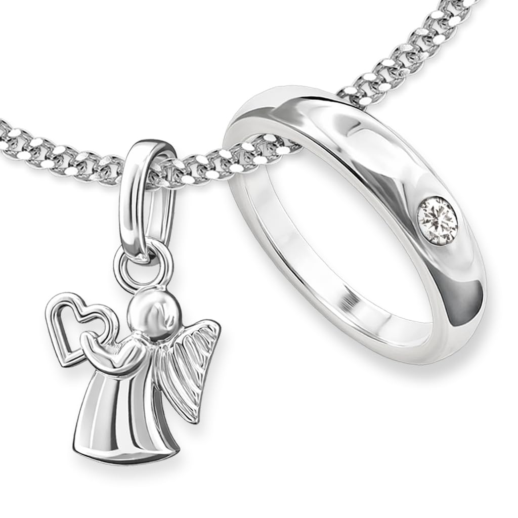 CLEVER SCHMUCK Taufgeschenk Schutzengel Silber + Taufring mit Zirkonia kristallweiß + Panzerkette 34 cm STERLING 925 im Taufe Etui weiß