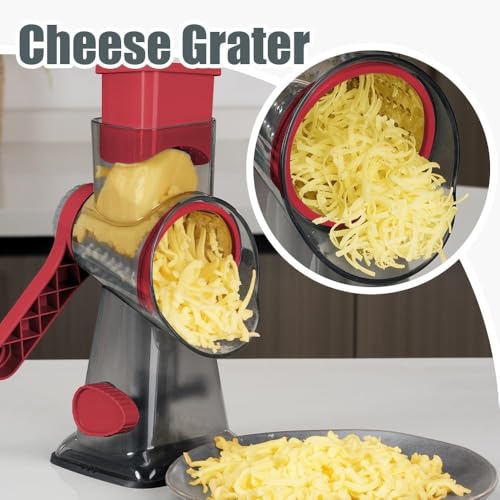 Image of KEOUKE Rotary Cheese Grater Pro 6 in 1 - Shredder Crinkle Slicer Grinder Ice Shaver, Stable Suction, Time-saving Easy Use & Clean, Safe Morden Kitchen Tool for Cheese, Vegetable, Nuts, Chocolate