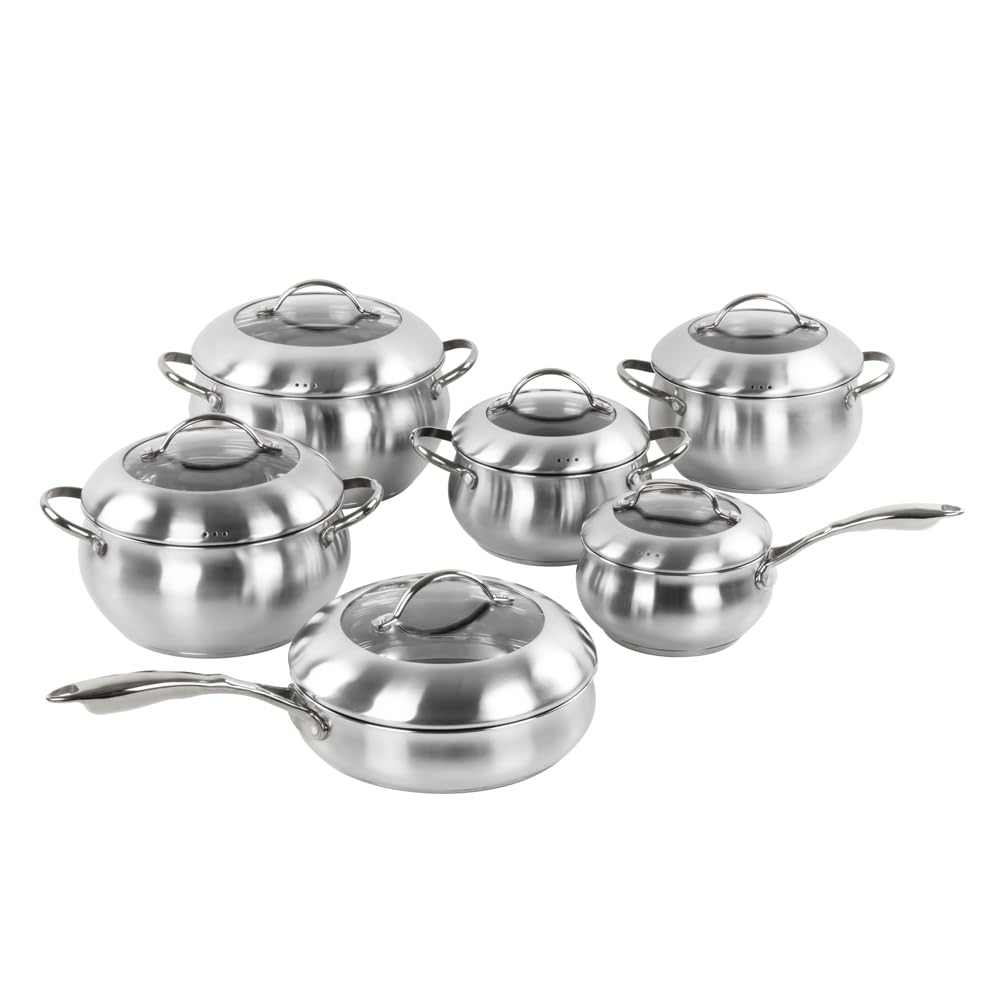 SQ ProfessionalLustro Stainless Steel Frying Pan Saucepan and Casserole Set with Lids 6pcs (Silver Handle)