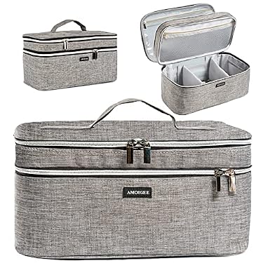 AMAZON - AMOIGEE Large Makeup Bag, Travel Makeup Bag Organizer, Double Layer Train Case Makeup Bag, Toiletry Bag for Makeup Brushes, Full Size Bottles, Palettes Sponge, Cosmetic Organizer, Grey