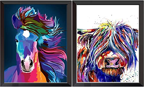 2 Packs Embroidery Kits for Adults Beginners Printed Horse & Cow Cross Stitch Kits with Pre-Printed Fabric, Threads, Needles