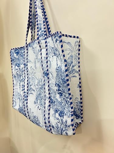 Quilted Beach Tote Bag with Tropical Palm Print, Blue and White, Cotton Canvas, Large Carry-All for Summer3