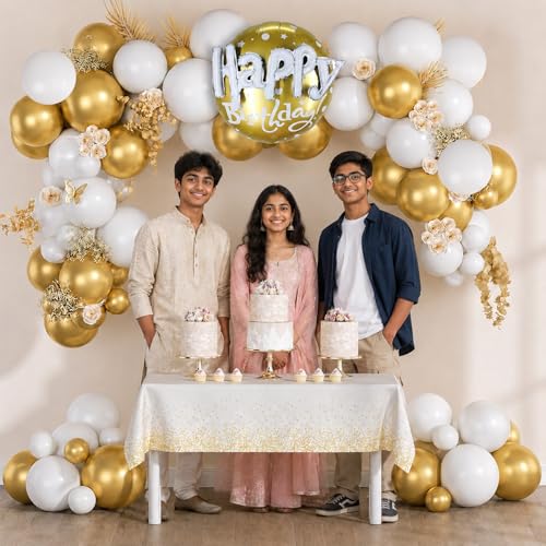 Image of Party Propz Golden and White Balloons for Birthday - 32 Pcs Happy Birthday Foil Balloon, Happy Birthday Decoration Kit for Kids, Balloon for Decoration Kit for Boys & Girls (Foil, Latex)