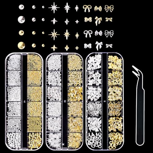 3D Nail Charms VEGCOO 3 Boxes Gold Silver Nail Stuff Nail Gems Rhinestones Charms with Tweezers Assorted Styles Bows Stars Pearls Nail Art Charms for Women Girls Nail Art DIY Accessories