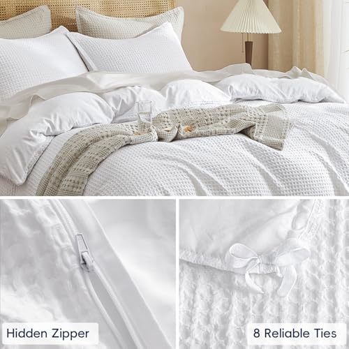 Image of PHF Waffle Weave Duvet Cover Set Queen Size, No Snagging Ultra Soft Luxury Textured Breathable Comforter Cover for All Season 3pcs, Durable Bedding Duvet Set with 2 Pillow Shams, 90 inchx90 inch, White
