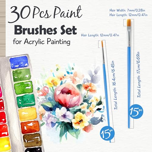 Image of Halobios Paint Brushes Set for Acrylic Painting, 15 Pcs Flat and 15 Pcs Round Art Paint Brush Acrylic Painting Brush, Paint Brushes for Kids Adults Oil Watercolor Rock Painting Body Face Nail Art