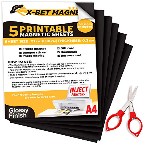 A4 Hojas magnético Papel Fotográfico Brillo - Hoja de Impresión - Imprimibles Hojas Imán - Papel Magnético Imprimible - Impresión de Inyección de Tinta Magnética de Papel Fotográfico - 5 UDS