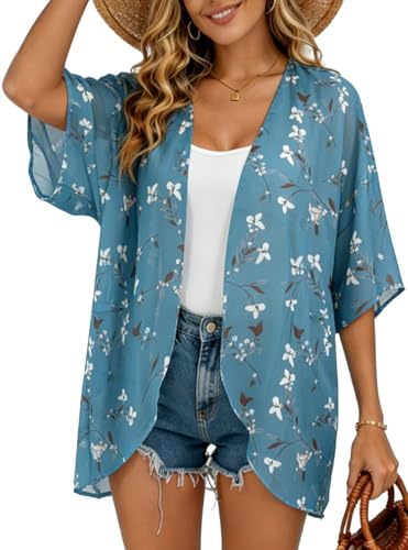 Image of FINOCEANS Womens Floral Chiffon Kimono Cardigans Loose Beach Cover Up Half Sleeve Tops