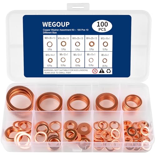 WEGOUP Copper Washers Oil Drain Plug Washer 100 PCS Copper Crush Gasket Assortment Kit 10 Different Sizes Flat Sealing Crush Washers (M5-M20) for Automotive Plumbing Electrical Mechanical.