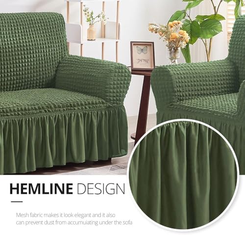 Image of Bails Sofa Cover 5 Seater Fully Covered | Sofa Cover l Shape 7 Seater Fully Covered | Sofa Cover 5 Seater Set | Elastic Bubble Fabric with Frill Sofa Protector Cover (Olive Green, 5 Seater (3+1+1))