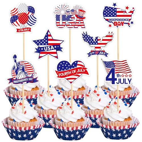 40Pcs Patriotic Cupcake Toppers, Red White Blue 4th of July Cupcake Picks Independence Day Cake Topper Picks for Patriotic Themed Party & 4th of July Cupcakes Toppers Decorations