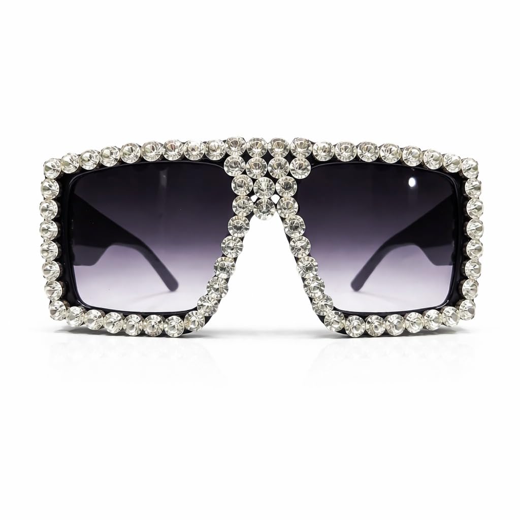 Oversized Square Sunglasses, Crystal Rhinestone Embellished Frame, Black, Gradient Lenses, 54mm-image-25