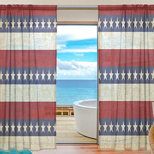 BKEOY Rideaux Voilage Voilage Voilage Drapeaux USA Rayures Étoiles Drapeau Vintage pour Maison Salon Chambre Porte Cuisine 139,7 x 198,1 cm 2 Panneaux,...