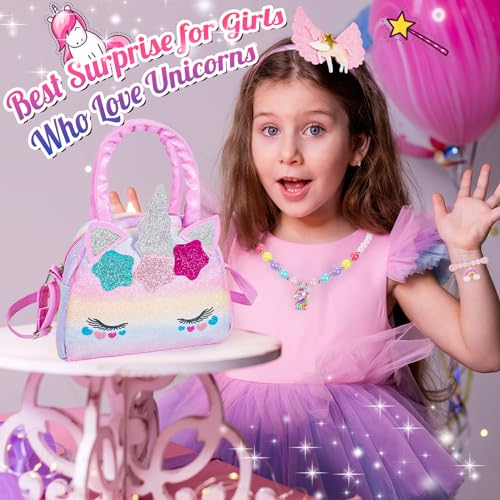 Hapikids Einhorn Geschenke für Mädchen, Geschenk Mädchen 2 3 4 5 6 Jahre Geburtstagsgeschenk für Mädchen Spielzeug 2-6 Jahre Einhorn Kinderschmuck Handtasche Halskette Armband Ring Ohrring Schmuckset