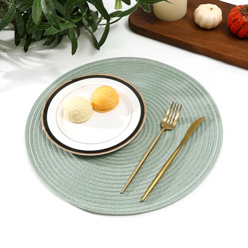 Image of SHACOS Round Placemats Set of 8 Washable 15 inch Round Table Mats Cotton Polyester Woven Braided Place Mats for Dining Table Wedding Party Decor, Sage Green
