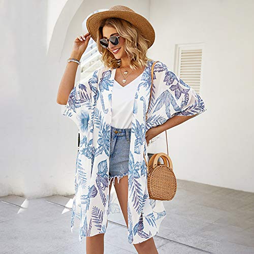 Loijon Mulheres Soltas Kimono Cardigan Frente Aberta Meia Mangas Impresso Slit Verão Xale Oversized