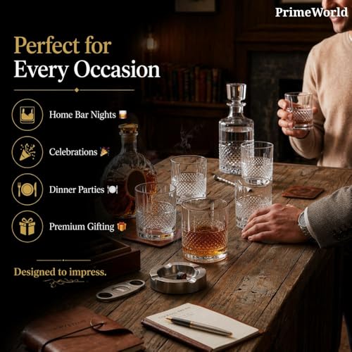 Image of PrimeWorld Signature Crystal Whiskey Glasses Set of 6 pcs- 300 ml Bar Glass for Drinking Bourbon, Whisky, Scotch, Cocktails, Cognac- Old Fashioned Cocktail Tumblers