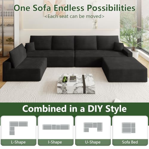 Image of Oversized Modular Sectional Sofa Couch, Large 6 Seater Corner Sofa Modern U Shaped Sectional Couch with Ottoman Cloud Couches for Living Room, Office, Spacious Space, Corduroy, No Assembly, Black
