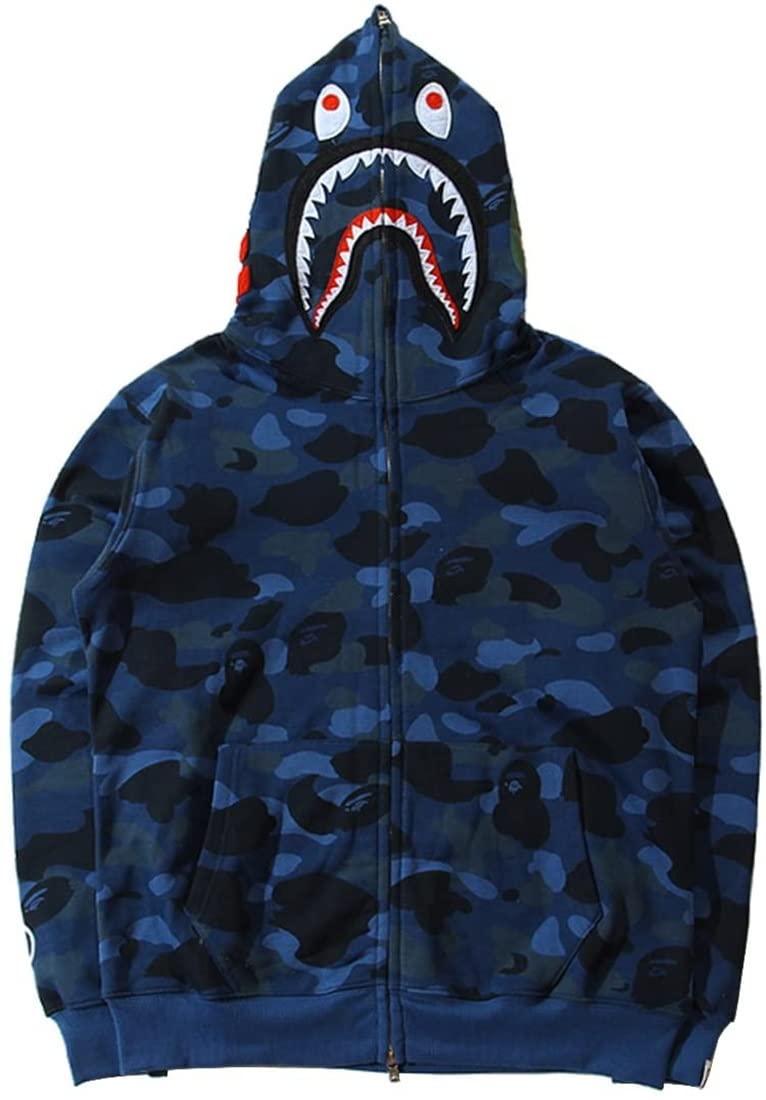 Niuvoo Unisex Blue Shark Hoodie Men's Camo Shark Print Jacket Long Sleeve Sweatshirt Camouflage For Men Teen(Color:,Size:s)