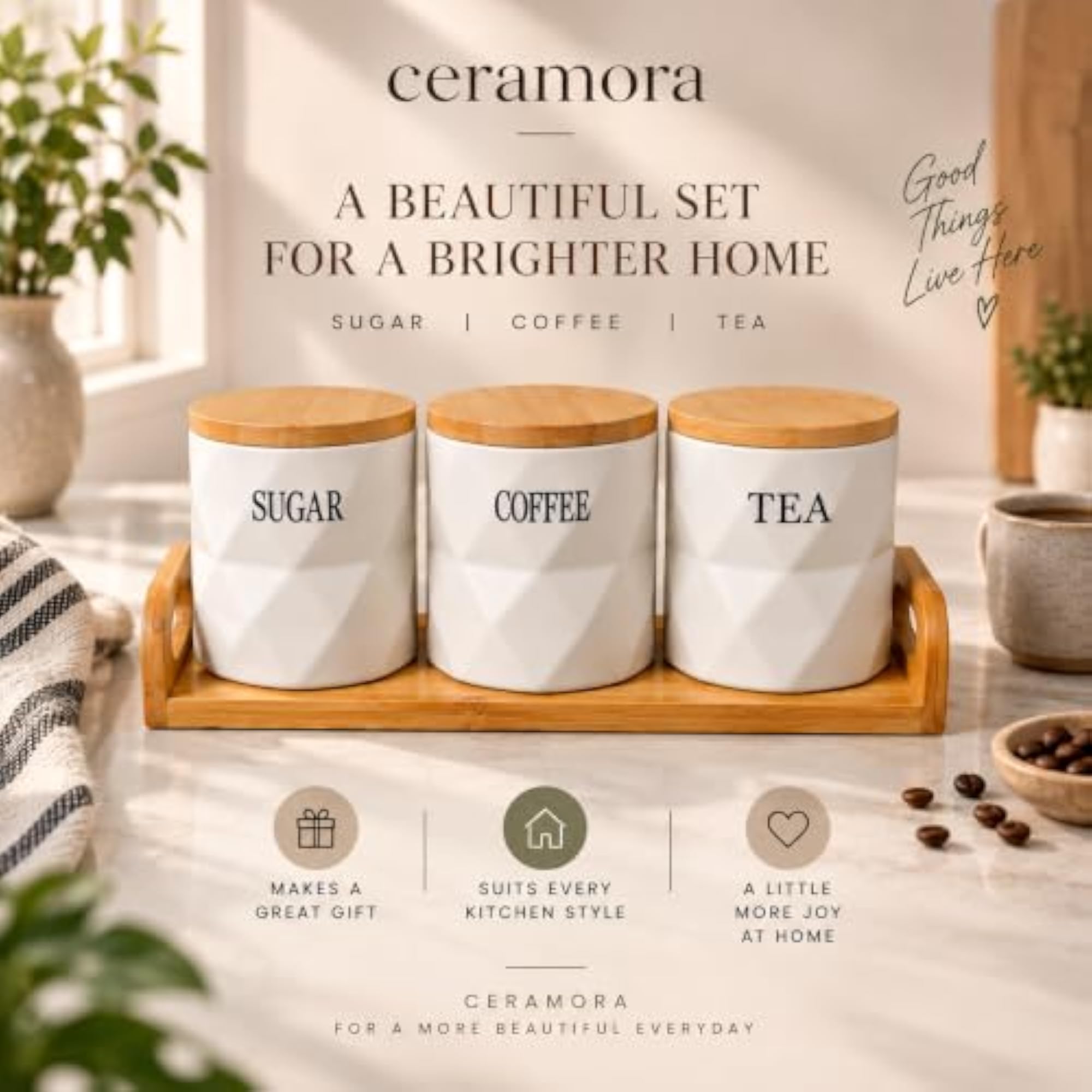 Ceramic Tea Coffee Sugar Jar Set with Bamboo Lids
