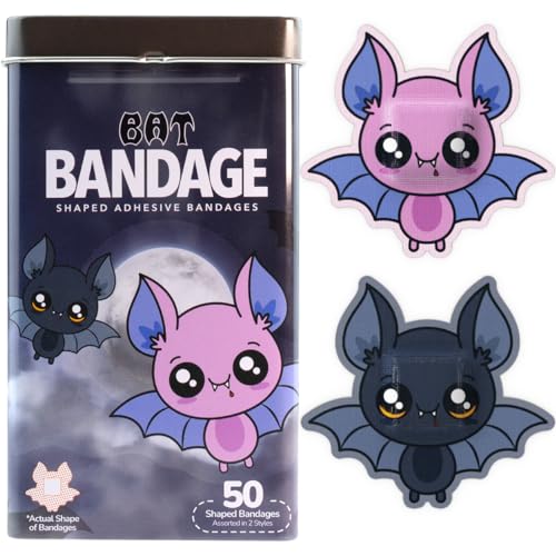 Image of BioSwiss Bandages, Halloween Bat Shaped Self Adhesive Bandage Set, Latex Free, Sterile Wound Care, 50 Count