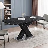 Modern Extendable Marble Dining Table - Expandable for 4-6, Faux Marble Top, Crossed Pedestal Base, Large for Dining Room (Black)
