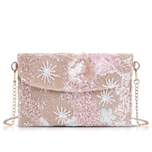 Image of Clutch Purses for Women, Envelope Package, Sequin Embroidered Flowers Straw Bag, Bohemian Handmade Handbags