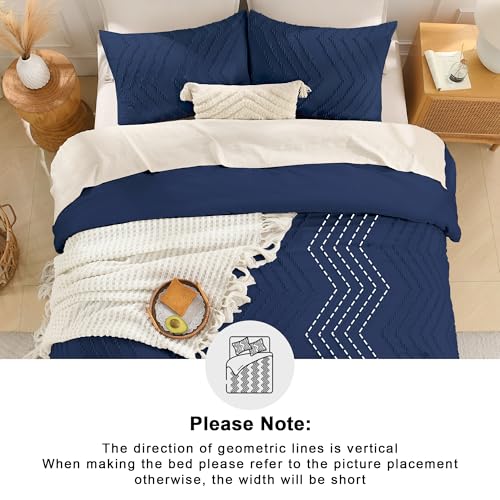 Image of Andency Navy Blue Comforter Set King Size, Boho Soft Warm Tufted Bedding Comforter Sets for King Size Bed, 3 Pieces Aesthetic Chevron Farmhouse Cute Bohemian Textured Bedding Set