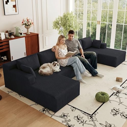 Image of 160 inch W Cloud Sectional Couch,Modern U-Shaped Cloud Couch with Deep Seat,Comfy Corduroy Sofa,Memory Foam Sofa for Living Room,No Assembly (Black,Right-Facing Chaise)