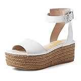 FSJ Women Chic Open Toe Platform Wedge High Heel Espadrilles Sandals Ankle Strap Casual Summer Shoes Size 15 White