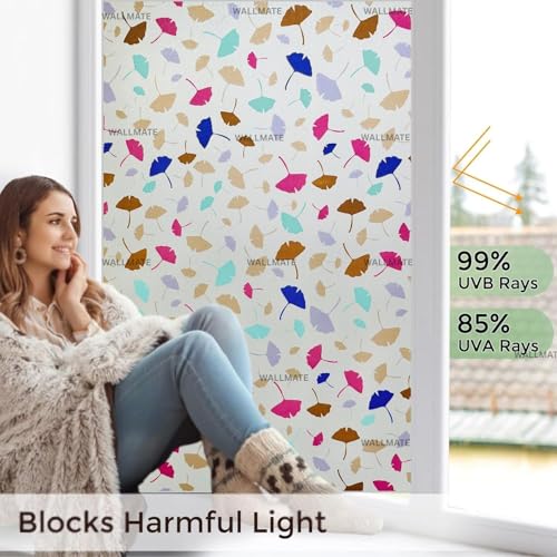 Image of WALLMATE Window Privacy Film Frosted Vinyl Glass Covering, UV Blocking, Non-Adhesive, No-Glue, for Bathroom Living Room Office,(24x36 Inch, Color Leaf)