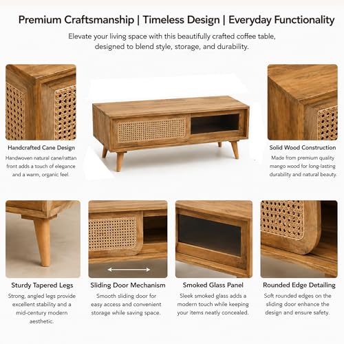 Image of The Attic INES Coffee Table for Living Room, Solid Wood Centre Table with Cane with Sliding Doors, Natural Finish