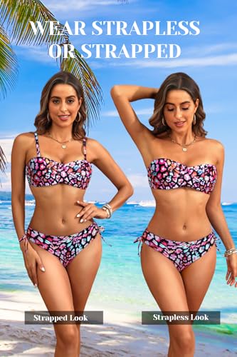 Image of Tempt Me Women Strapless Bandeau Bikini Set Twist Front Two Piece Swimsuit | Detachable Shoulder Straps, Molded Cup Design, Anti-slip Strips, Side Tie Bikini Bottom, Low Rise Fit