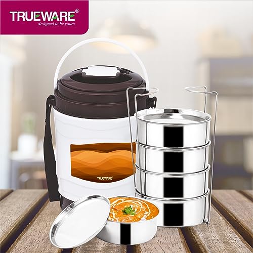 Image of Trueware Marina 5 Lunch Box with 5 Steel Container, 300 ml X 5 Brown | PU Insulated | Tiffin | Hot Lunch Box | Leak Proof | Easy to Carry | Food Grade | BPA Free | Office | Outdoors | for Men Women