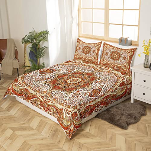 Red Vintage Comforter Cover Persian Bed Sets, Oriental Duvet Cover Queen Retro Traditional Bedding Set, Boho Aesthetic Bedspread Cover Hippie Paisley Bedroom Decor Lightweight 3Pcs With Zipper Closure #TOP2