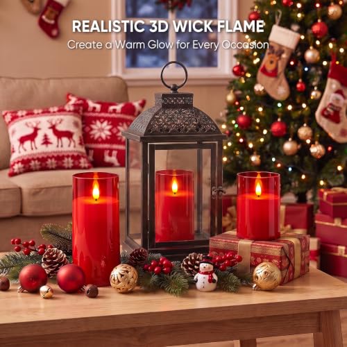 Image of Raycare Battery Operated Flameless Pillar Candles with Remote Timer, Red | LED Acrylic Candle with Warm Ambience for Christmas Celebrations, Valentine's Day Dinners, Romantic Table Settings, Set of 3