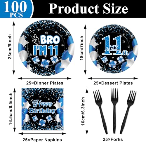Image of Qyeahkj 100 Pcs 11th Birthday Decorations for Boys Official Teen Supplies Plate Napkin Forks Set Disposable Blue 11th Birthday Tableware Paper Plates Dinnerware for Kids Teenager Favors Serve 25
