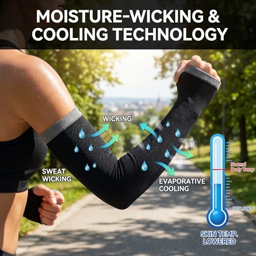 Image of UV Sun Protection Cooling Arm Sleeves For Men And Women 90% Nylon 10% Spandex Compression Hand Cover With Thumb Hole For Driving Cycling Cricket And Sports