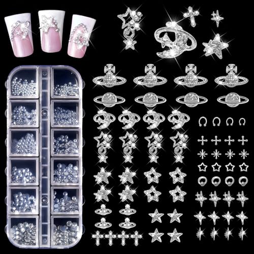 Allstarry Silver Nail Charms Silver Charms for Nails 3D Charm and Gems Y2K with Flatback Rhinestones Bulk Goth Jewels Cross Star Planet Mary Gothic Nail Accessories