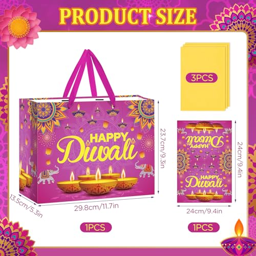 Happy-Diwali-Gift-Bags-Diwali-Party-Supplies-Festival-of-Lights-Favors-Gift-Bags-with-Wrapping-Paper-and-Card-Large-Indian-Diwali-Wrapping-Paper-Bag-Pink-Candlelight-Goodie-Bags-Deepavali-Decoration