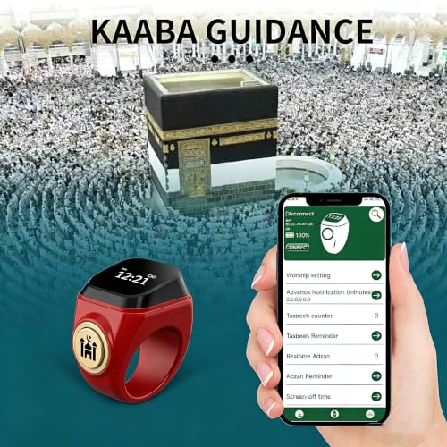 Image of Smart Tasbih Counter,18mm(8) Muslim Digital Azan Alarm Clock Zikr Ring,APP Support Digital Counter Prayer Reminder Rings, Waterproof 4 Digit Finger Counter for Muslims(Red)